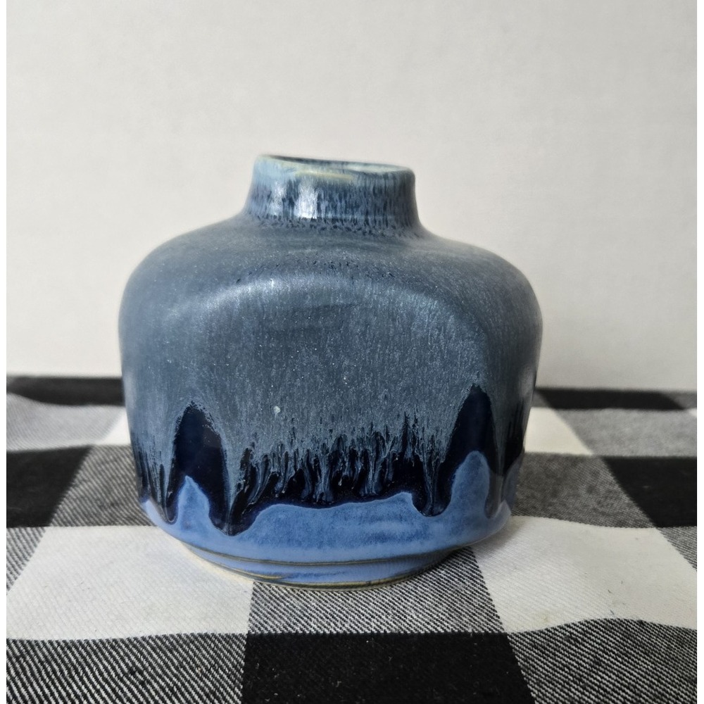 Handmade Ceramic Pottery Drip Glazed Small Blue Shades Vase Pen‎ Jar Signed RHI